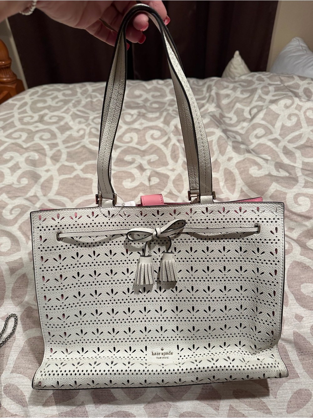 kate spade White Perforated Leather Tote with Pink Interior Accent